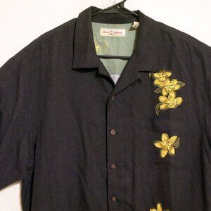 Tommy Bahama Shirt Mens Large Short Sleeve Button Silk Floral Hawaiian Black